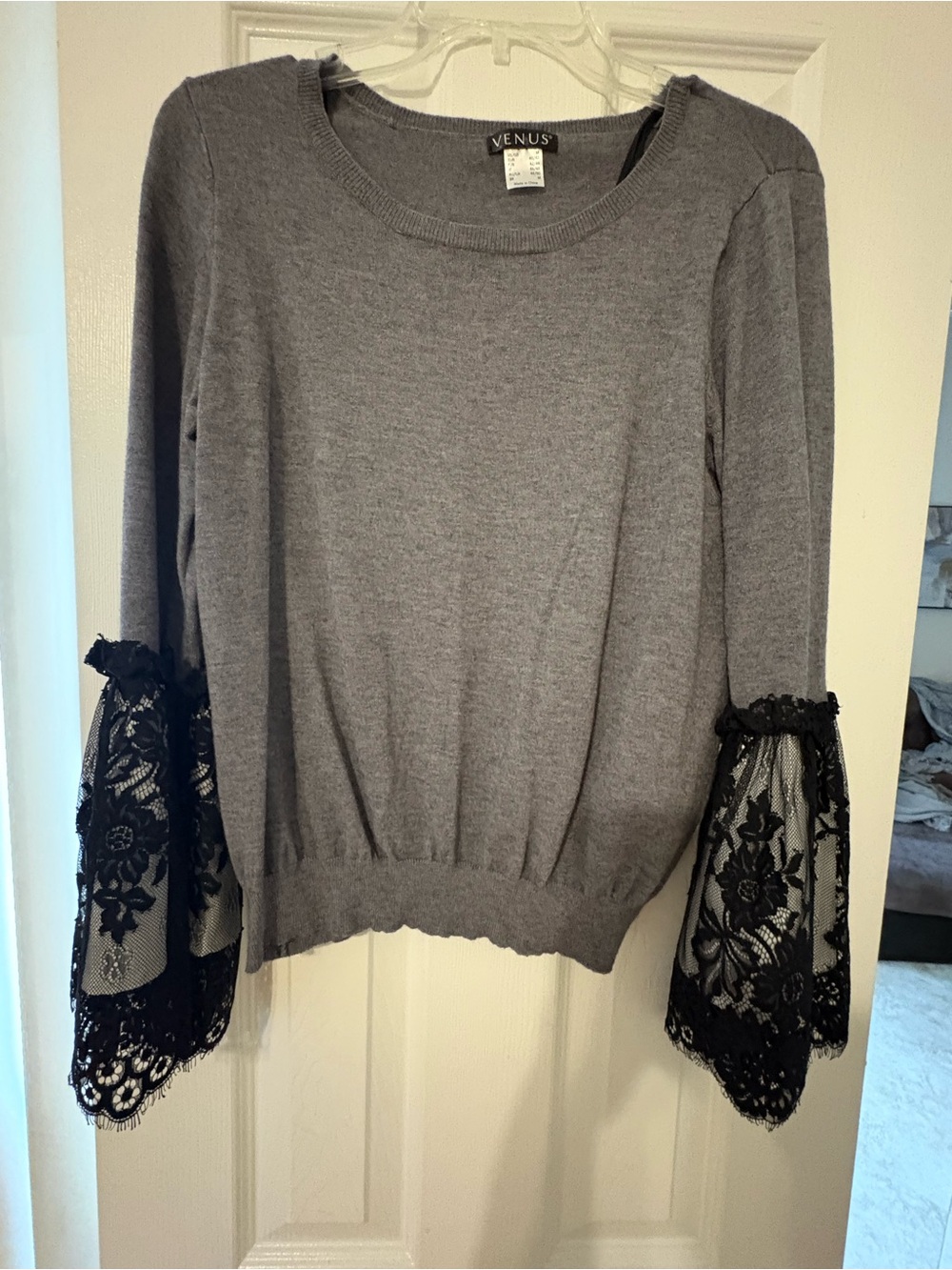 VENUS Gray Sweater with Black Lace Bell Sleeves